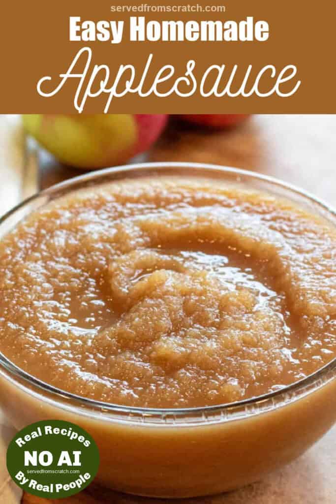 a bowl of applesauce with Pinterest pin text with NO AI sticker.