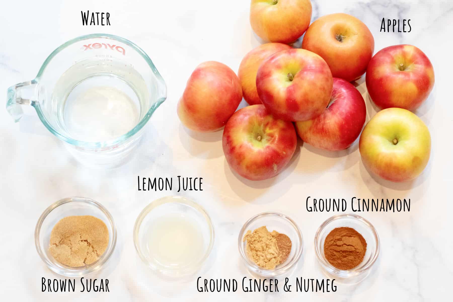 apples, water, spices, lemon juice, and brown sugar in bowls and labeled.