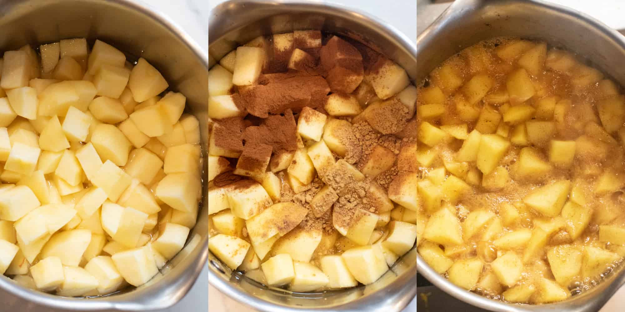 3 pots, one with chopped apples and water, with spices, and then it all cooking.