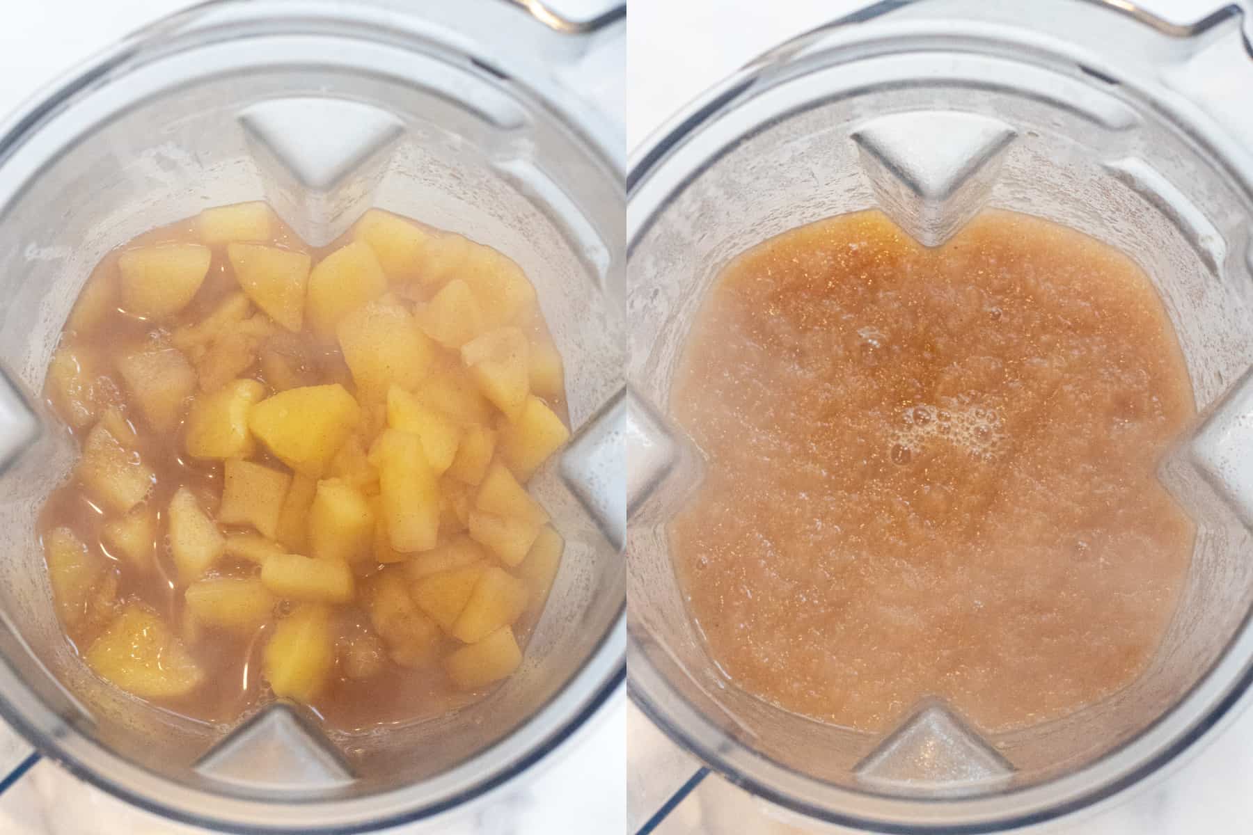 two pictures of a blender with cooked apples and then it all blended.