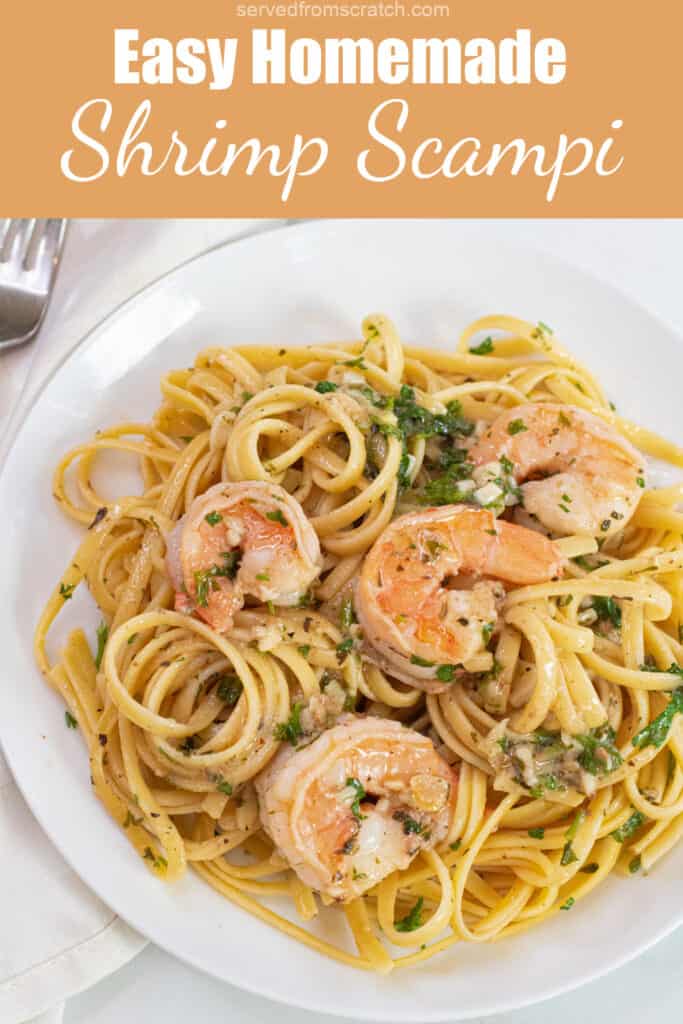 a plate of shrimp scampi with Pinterest pin text.