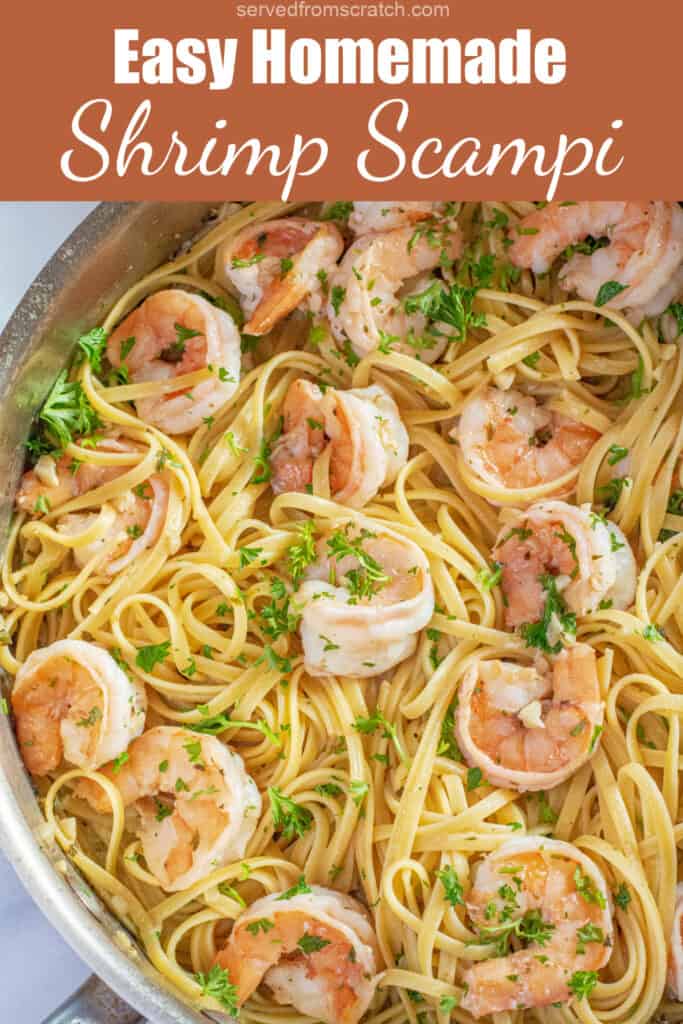 a pan of cooked shrimp scampi with Pinterest pin text.