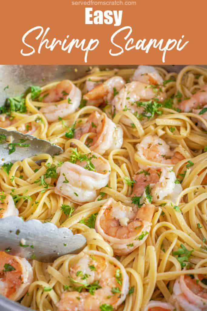 a pan of shrimp scampi with tongs and Pinterest pin text.
