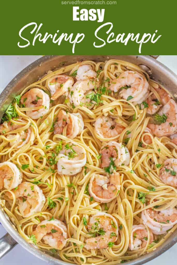 a pan of cooked shrimp scampi with Pinterest pin text.