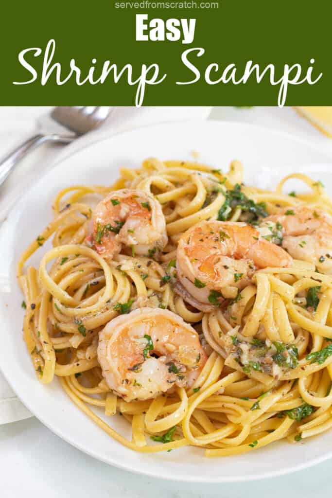 a plate of shrimp scampi with Pinterest pin text.