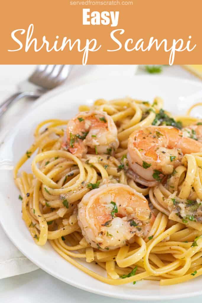 a plate of shrimp scampi with Pinterest pin text.
