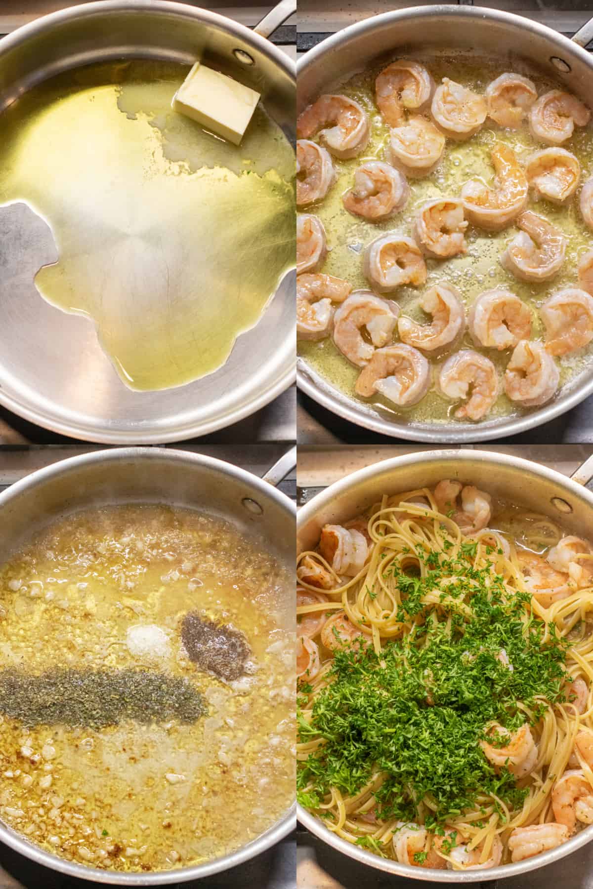 a pan with butter and oil, with shrimp cooking in it, the pan with garlic and spices and then with pasta, cooked, shrimp, and parsley.