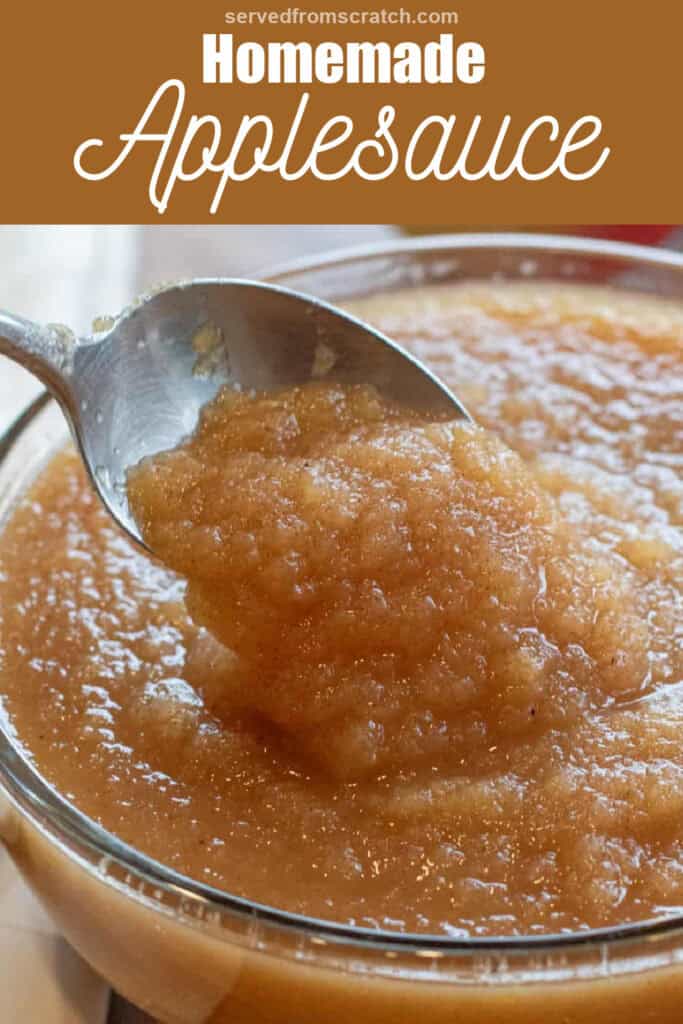 a big bowl of applesauce with a spoon and Pinterest pin text.