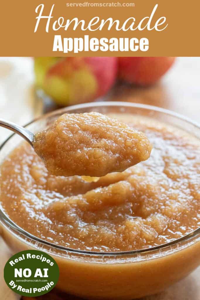 a big bowl of applesauce with a spoon and Pinterest pin text with NO AI sticker.