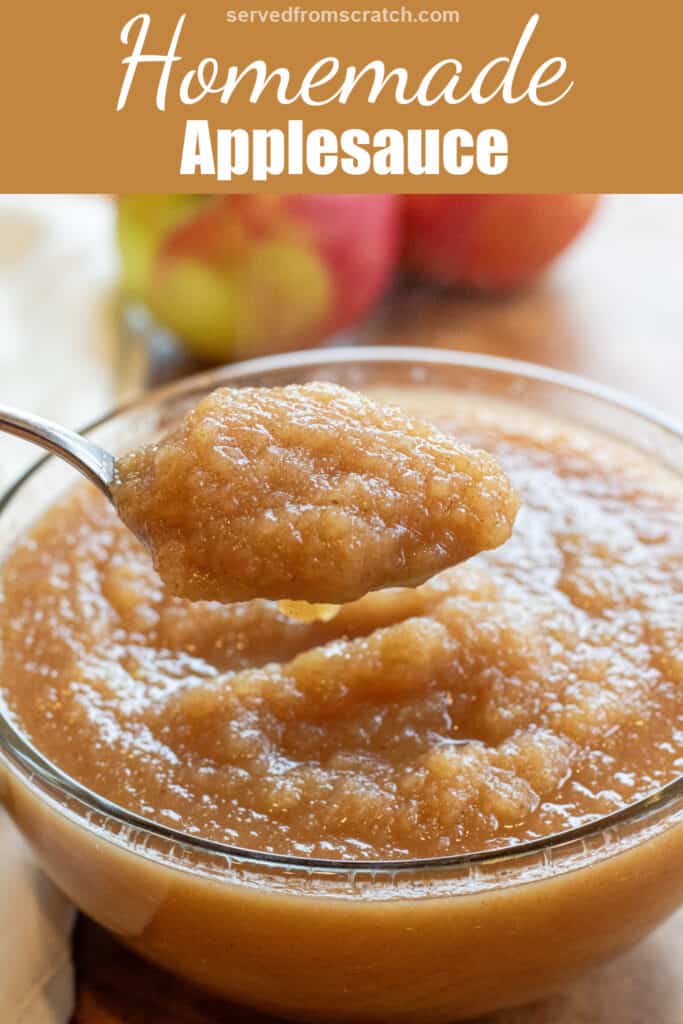 a big bowl of applesauce with a spoon and Pinterest pin text.