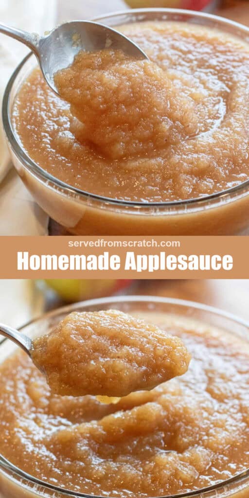 a bowl of applesauce with a spoon, Pinterest pin text, and a spoonful holding up some applesauce over the bowl.