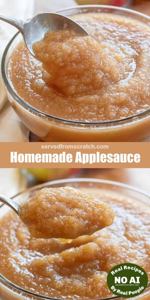 a bowl of applesauce, Pinterest pin text, and a big bowl of applesauce with a spoon with NO AI sticker.