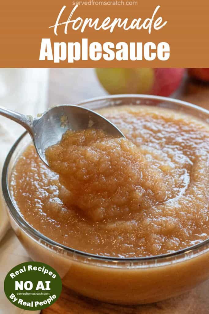 a big bowl of applesauce with a spoon and Pinterest pin text with NO AI sticker.