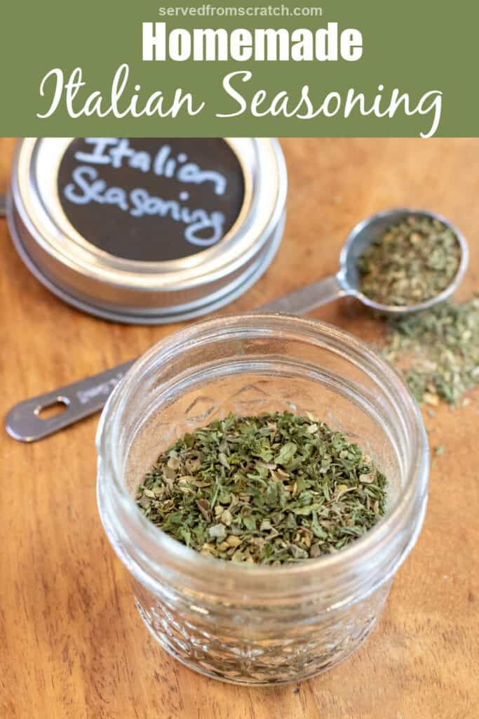a small open mason jar with Italian seasoning with Pinterest pin text.