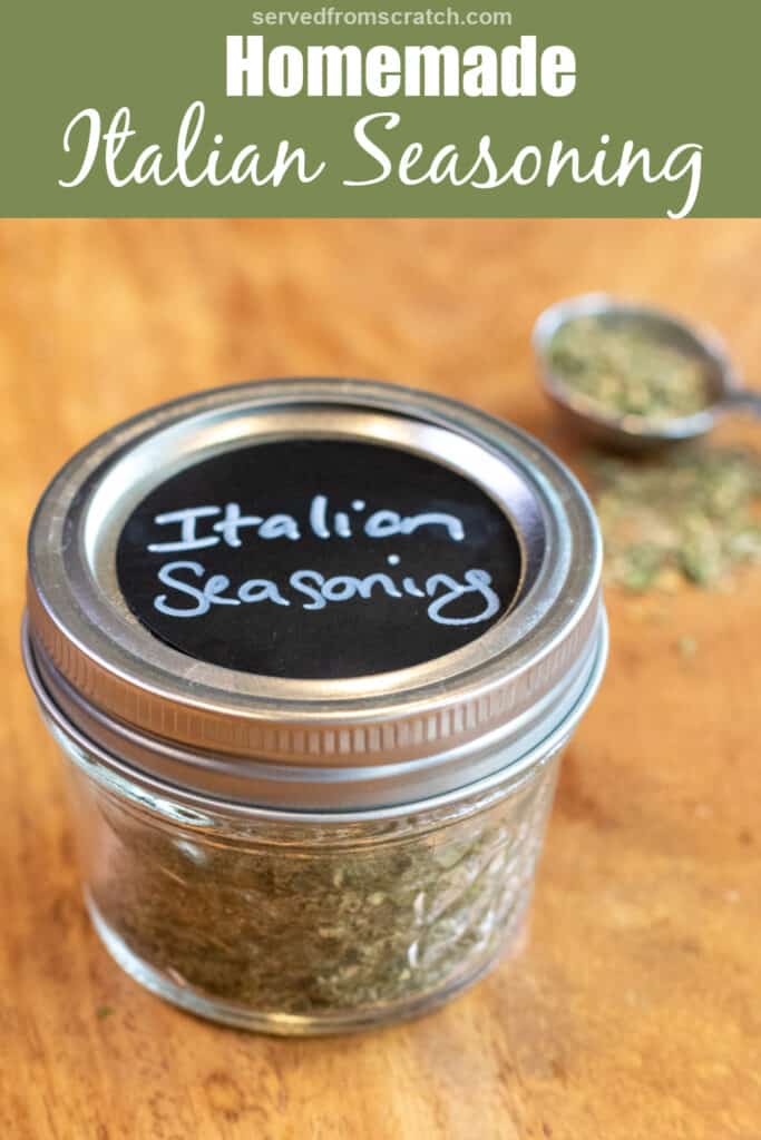 a closed mason jar labeled with Italian seasoning with Pinterest pin text.