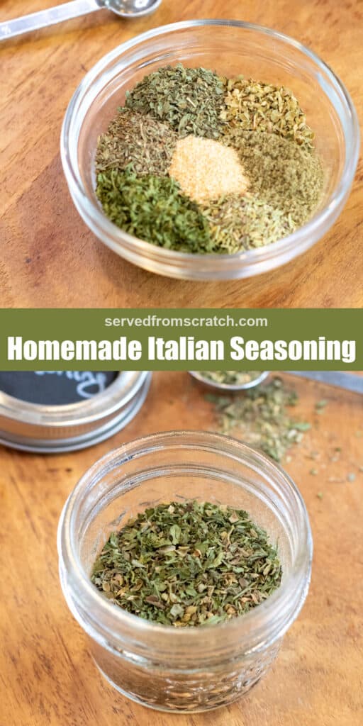 a small bowl with 7 measured out herbs with Pinterest pin text and an open jar with Italian seasoning.