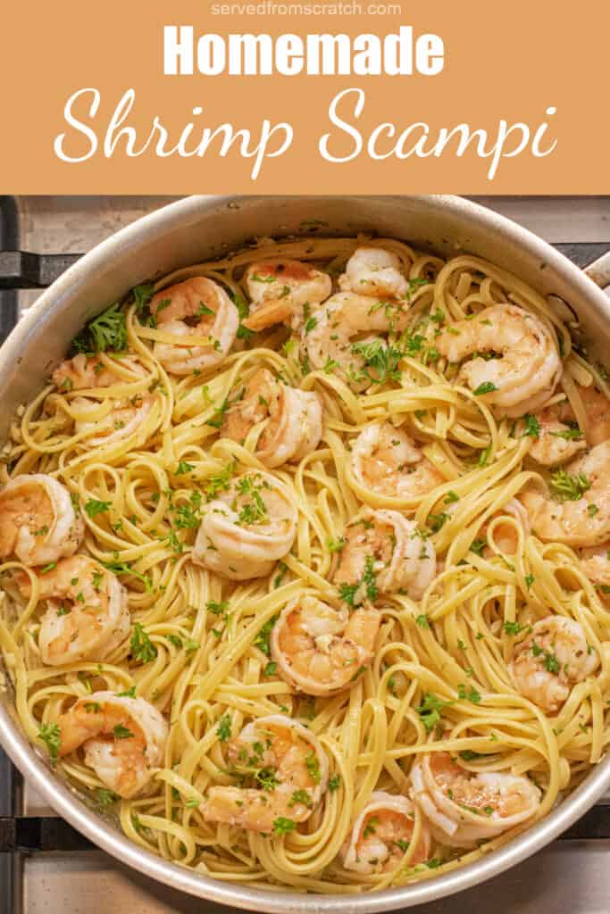 a pan of cooked shrimp scampi with Pinterest pin text.