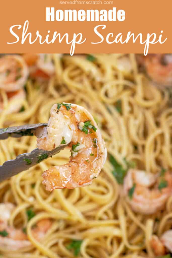 a tong holding up a cooked shrimp over a pan of scampi with PInterest pin text.