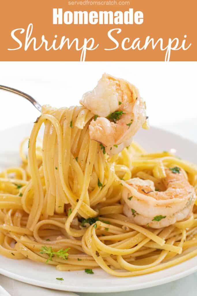 a plate of shrimp scampi with a fork holding up a bite of pasta and a shrimp with Pinterest pin text.