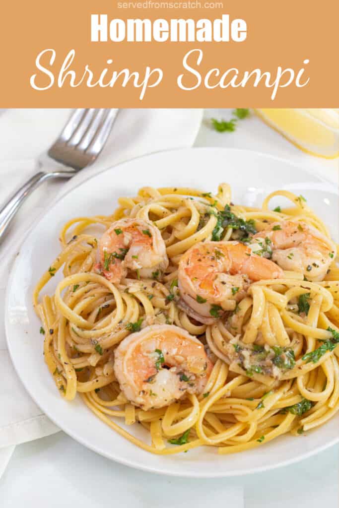 a plate of shrimp scampi with Pinterest pin text.
