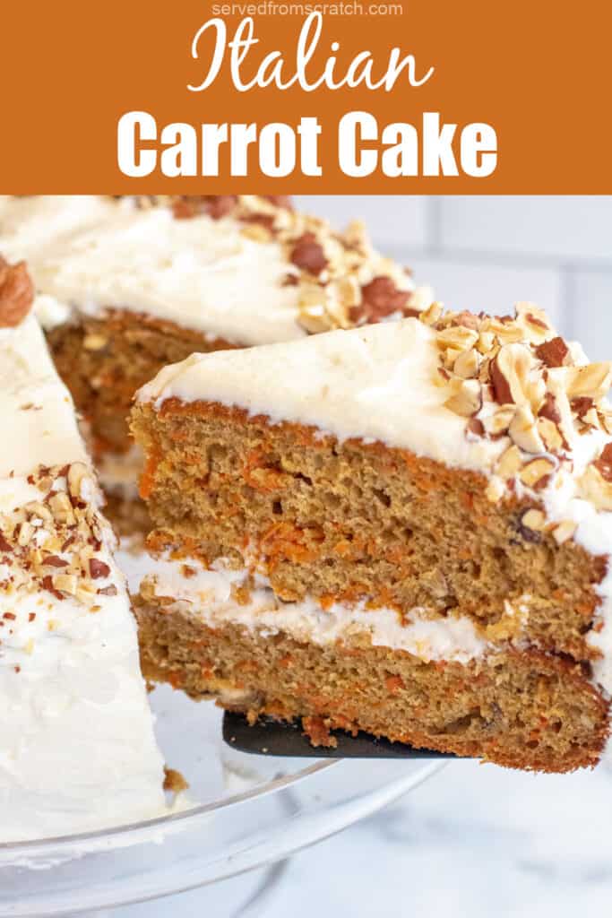 a slice of carrot cake coming out of a cake with Pinterest pin text.