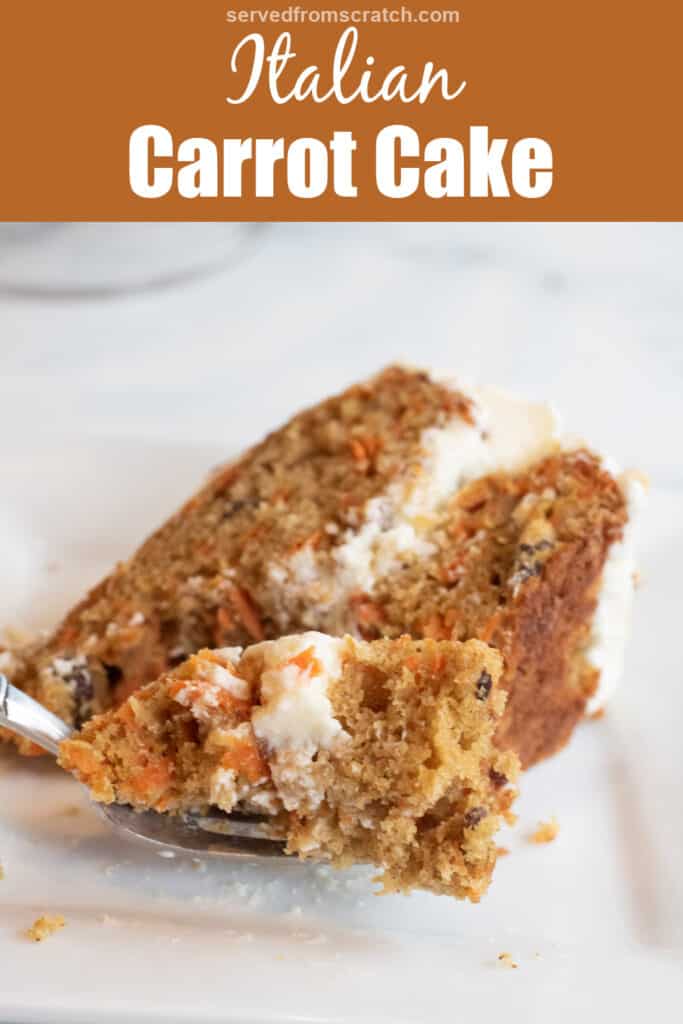 a plate with a slice of carrot cake and a forkful with Pinterest pin text.