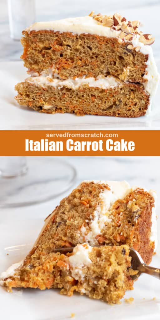 a slice of carrot cake, Pinterest pin text, and then a slice on a plate with a forkful being take out.