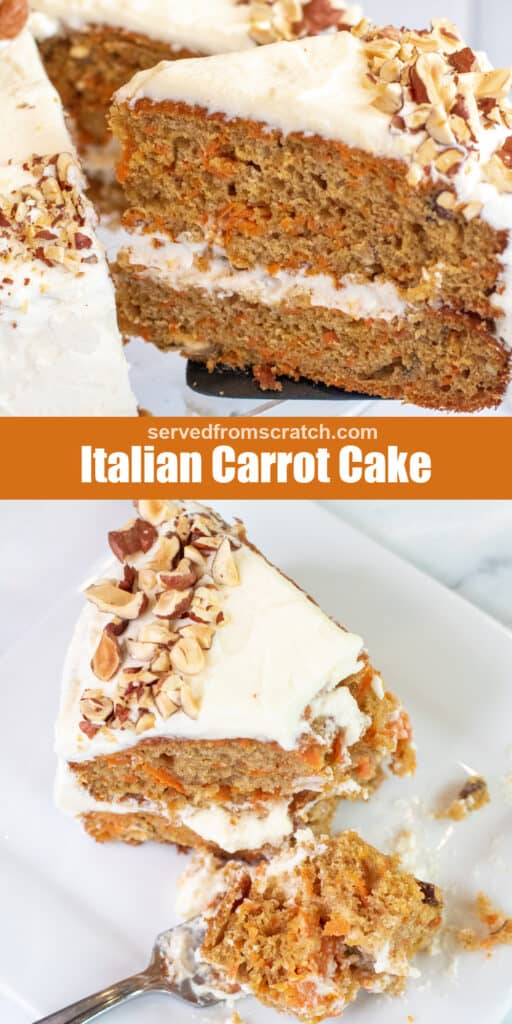 a pic of a slice of cake coming out of carrot cake, Pinterest pin text, and then a slice on a plate and a fork taking a piece out.