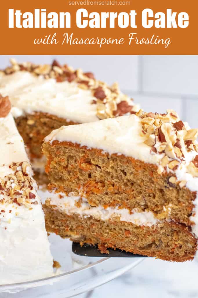 a slice of carrot cake coming out of a cake with Pinterest pin text.