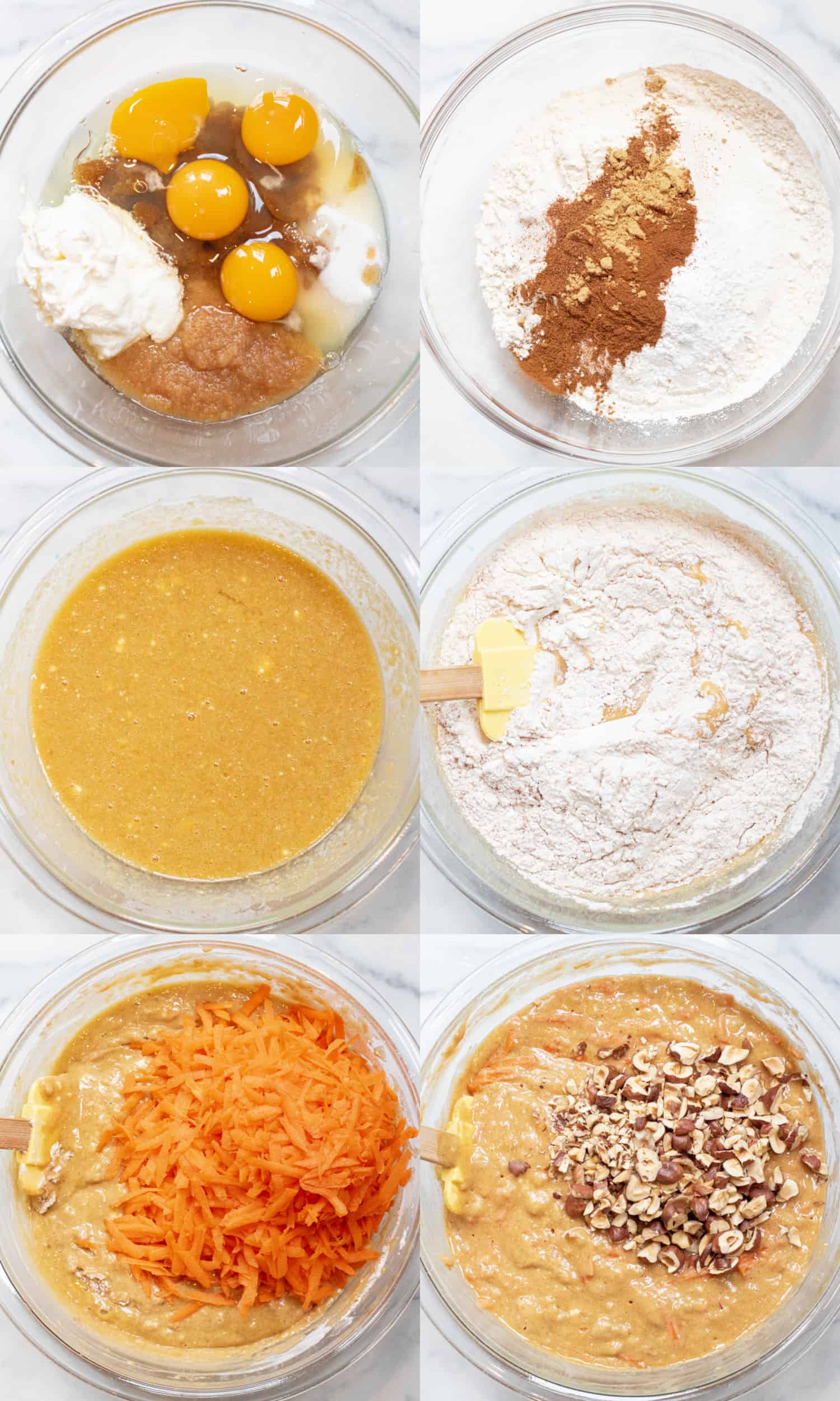 6 pictures, one of eggs sugars, applesauce, one of a bowl of flour and spices, wet ingredients all mixed, then with flour mixture added, shredded carrots added, and roasted hazelnuts added. 