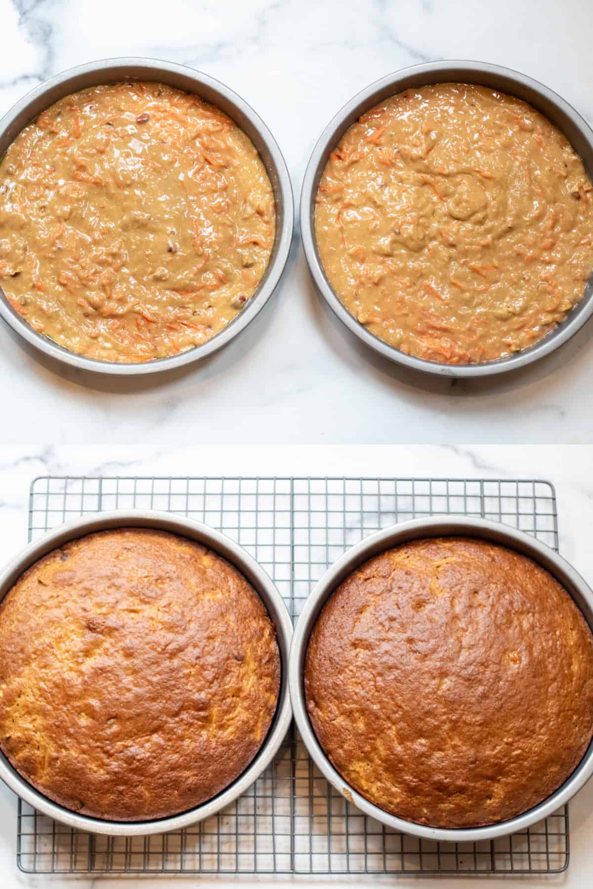 two picture of round cake pans, one with raw cake batter and one with cooked cakes. 