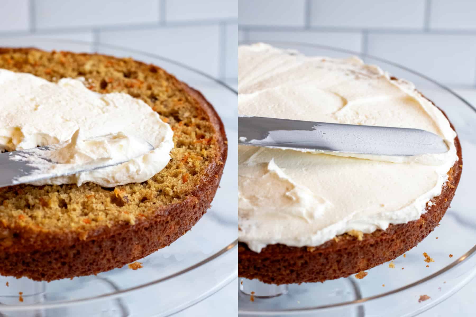 a picture of a trimmed cake round with some frosting being added and then a picture of it all well frosted. 