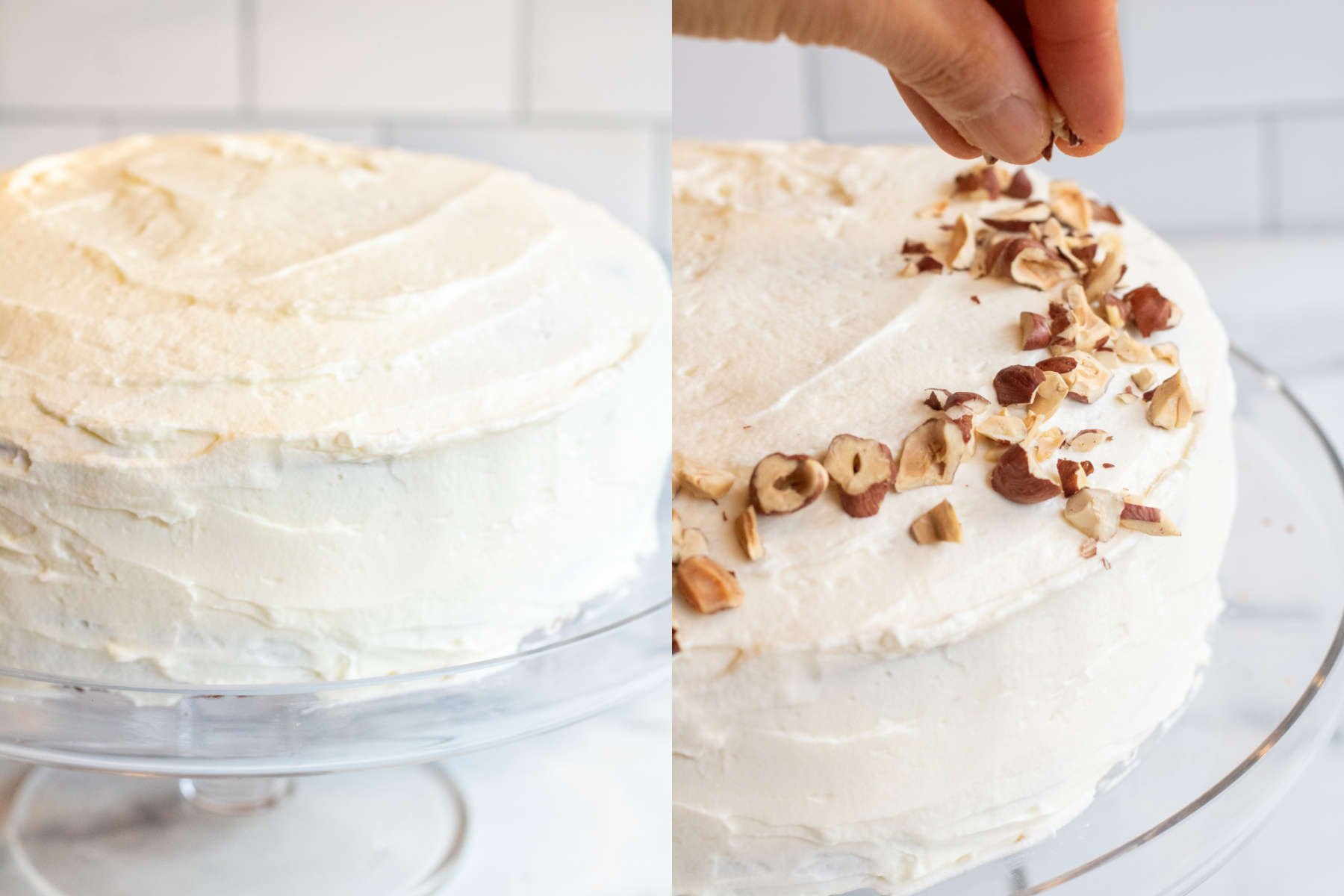 a fully frosted caked and then chopped hazelnuts being sprinkled on top.