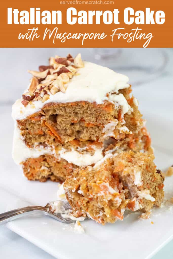 a plate with a slice of carrot cake and a forkful with Pinterest pin text.