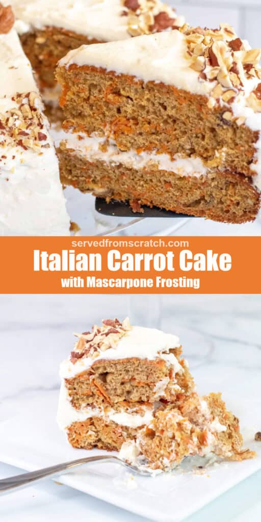 a slice of carrot cake with Pinterest pin text and then a piece on a plate and a fork.