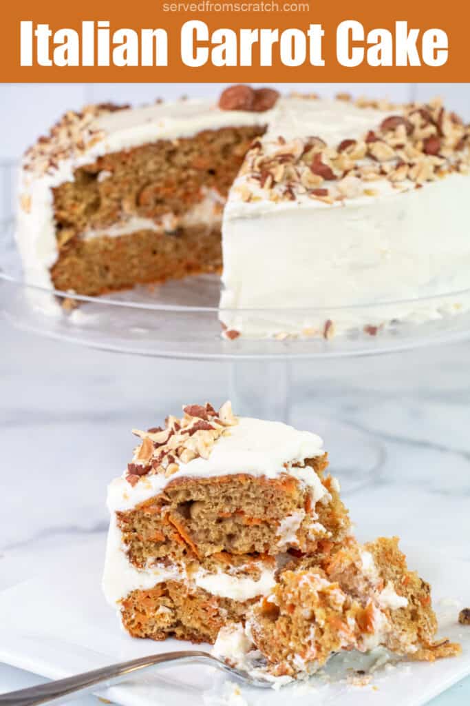 a slice of carrot cake on a plate next to a cut cake with Pinterest pin text.