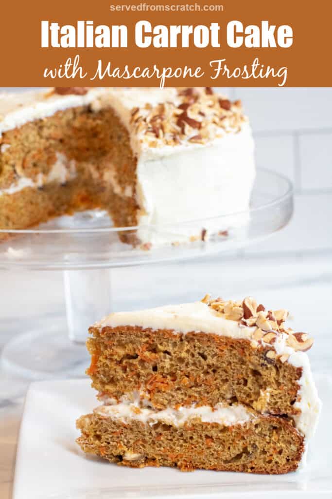 a slice of cake on a plate and a cake on a cake stand with pinterest pin text.