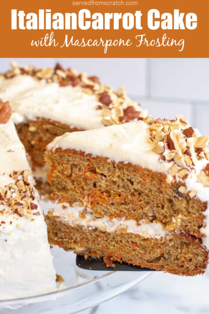 a slice of carrot cake coming out of a cake with Pinterest pin text.