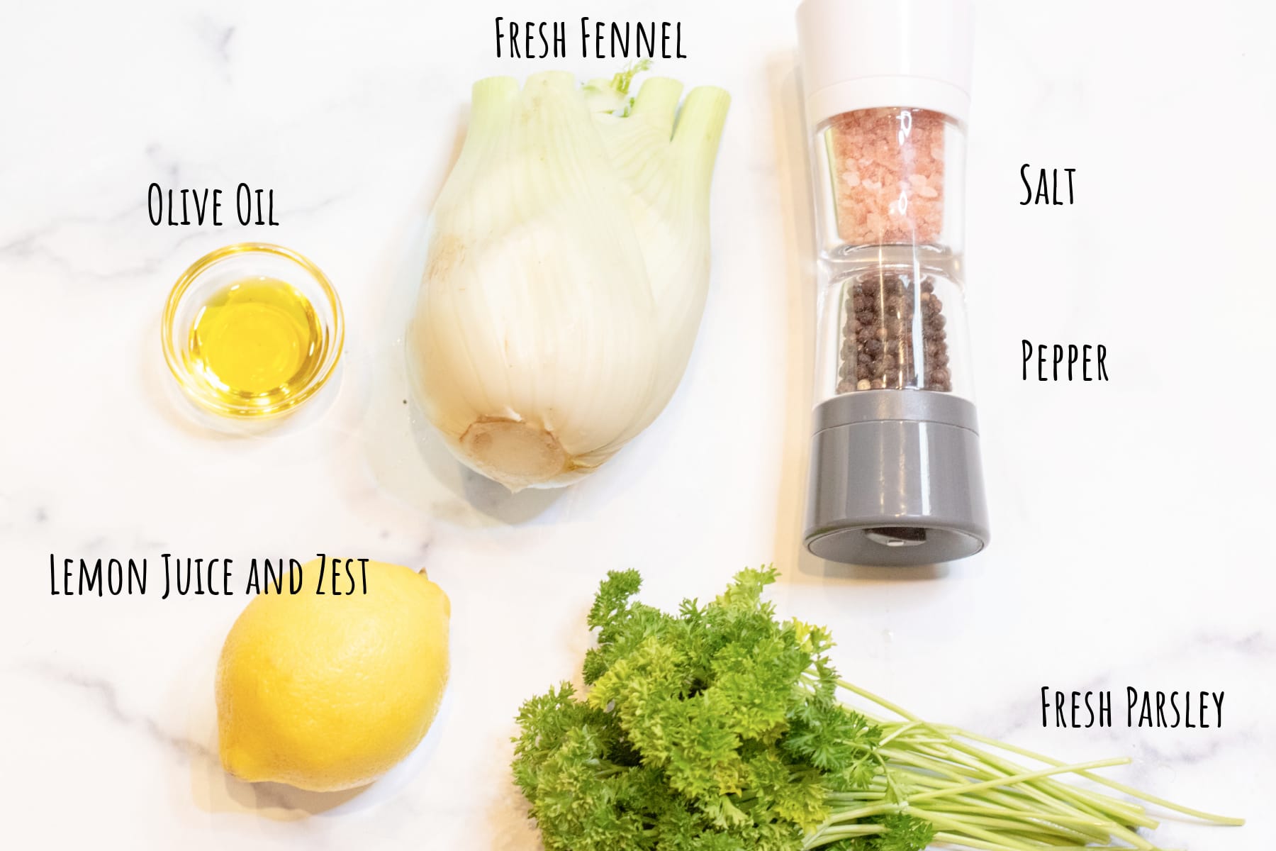 a fennel bulb, salt and pepper grinder, olive oil, lemon, and fresh parsley labeled.