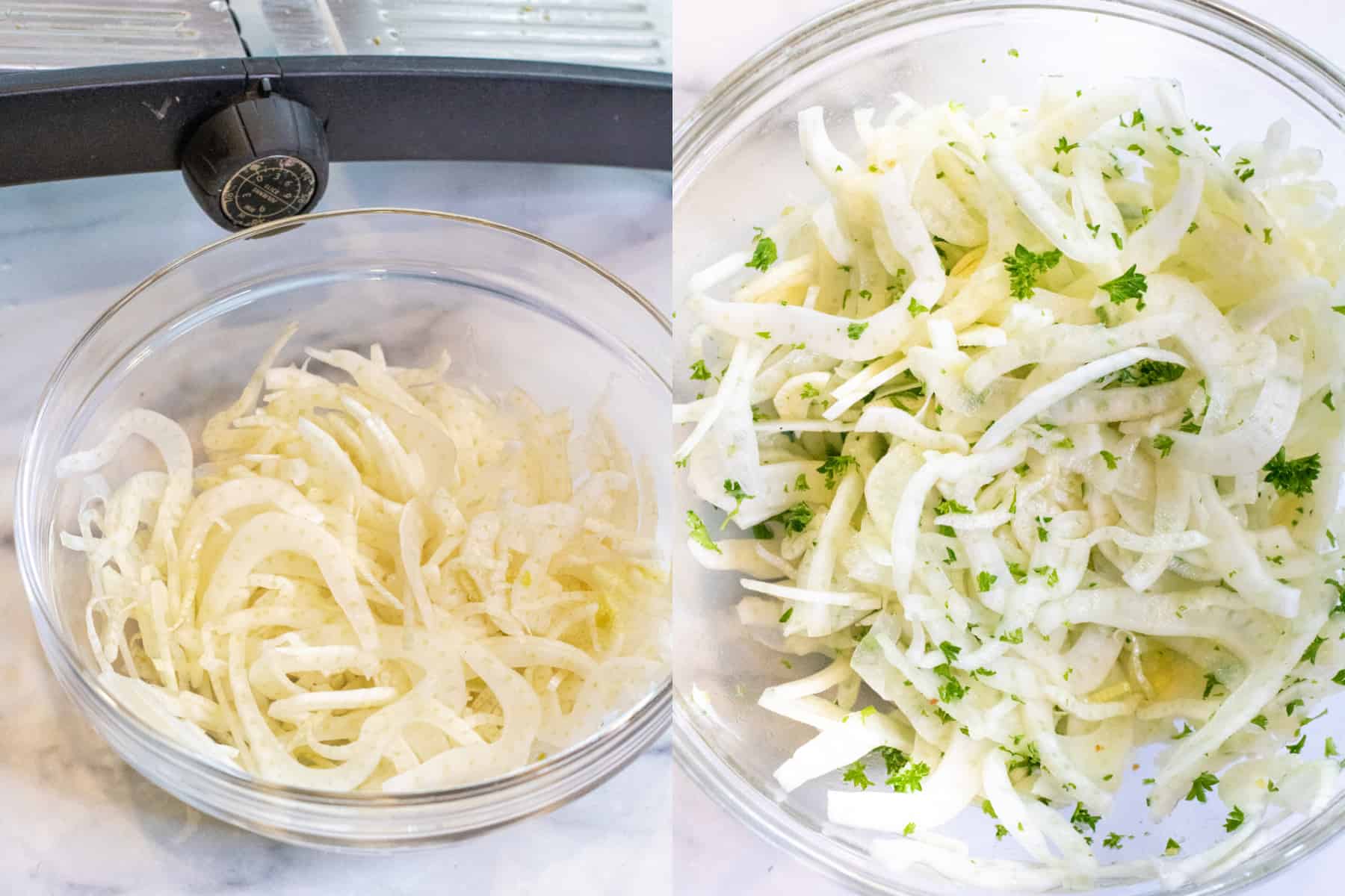 a mandoline with a bowl of shaved fennel in front of it and then a picture of a bowl of the fennel with oil, lemon juice, and parsley.