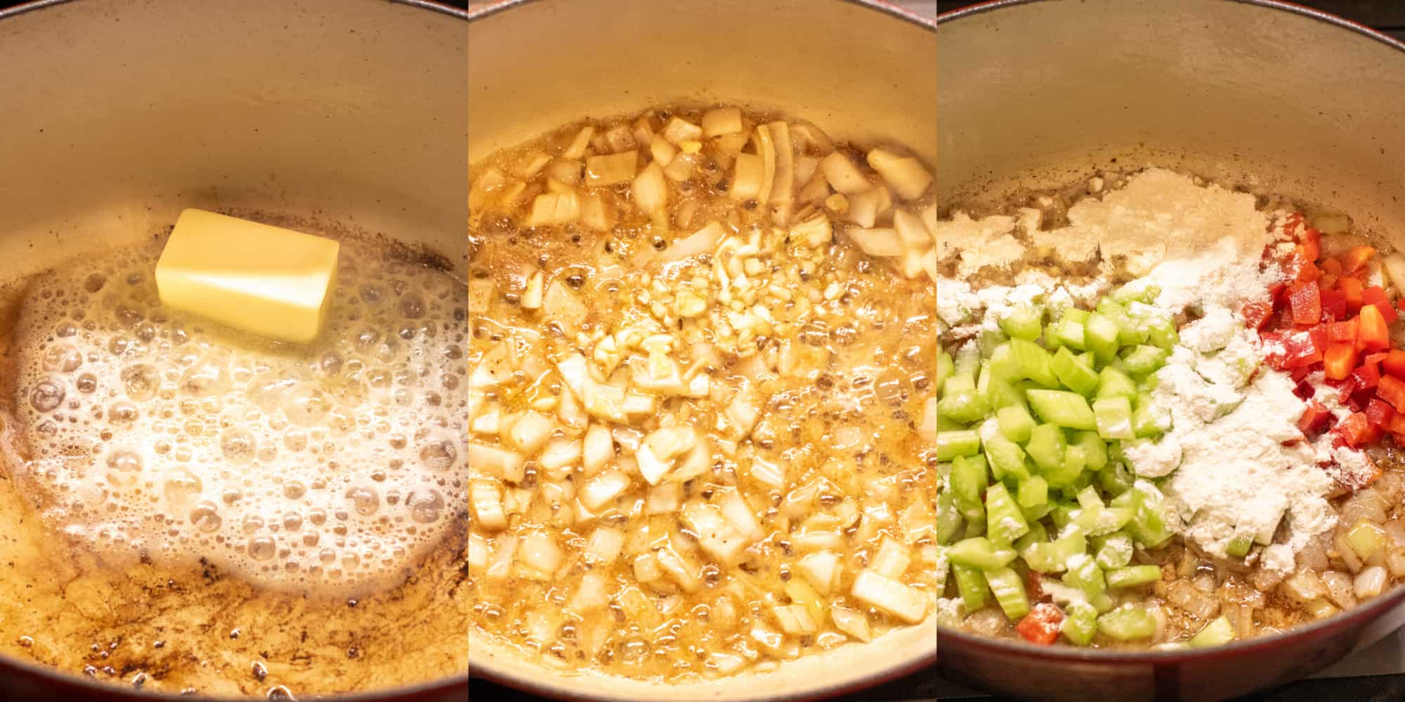 3 pictures of a dutch oven with bacon grease and butter melting then with onion and then with garlic, celery, bell pepper, and flour.