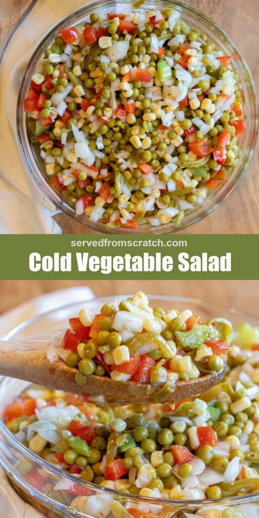 a bowl of vegetable salad with peas, corn, red pepper, onion, Pinterest pin text, and a wooden spoon holding up some vegetable salad with corn, peas, red pepper, and onion.