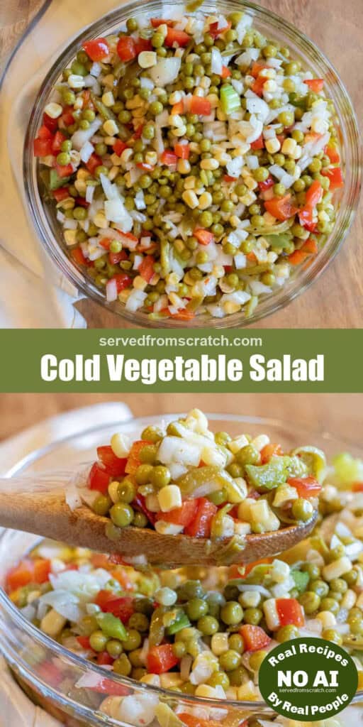 a bowl of vegetable salad with peas, corn, red pepper, onion, Pinterest pin text, and a wooden spoon holding up some vegetable salad with corn, peas, red pepper, and onion with NO AI sticker.