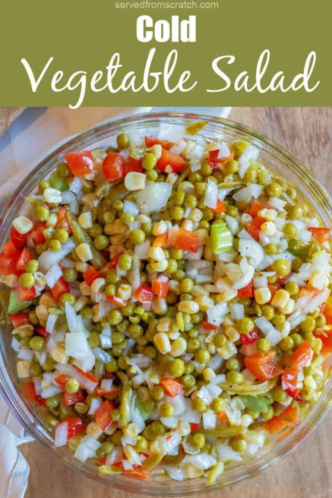 a bowl of vegetable salad with peas, corn, red pepper, onion with Pinterest pin text.
