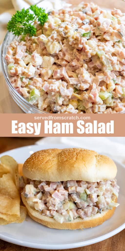 a bowl of han salad, Pinterest pin, and then a plate with a bun filled with ham salad.