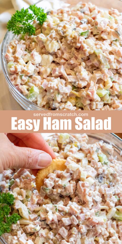a bowl of ham salad, Pinterest pin text, and a bowl with a hand dipping a ritz cracker in ham salad.