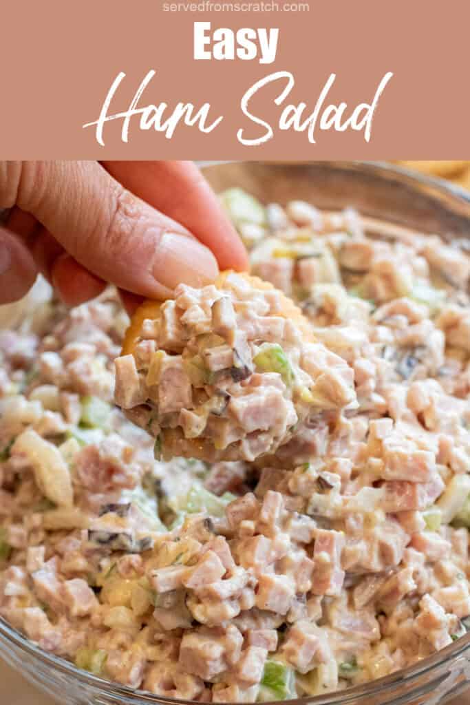 a bowl of ham salad with a hand holding a cracker with ham salad on it with Pinterest pin text.
