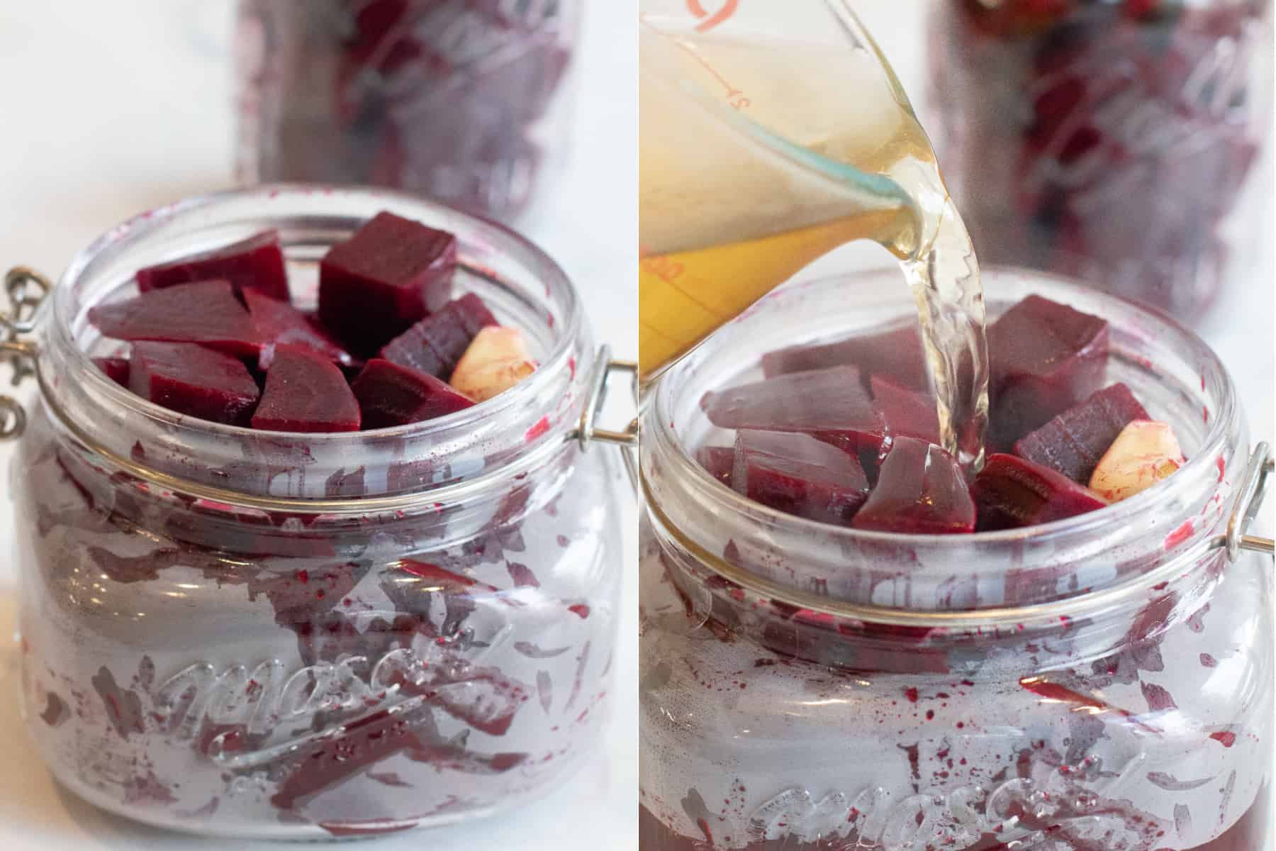 two pictures, a mason jar with cooked chopped beets and then a vinegar mixture being poured into the jar. 