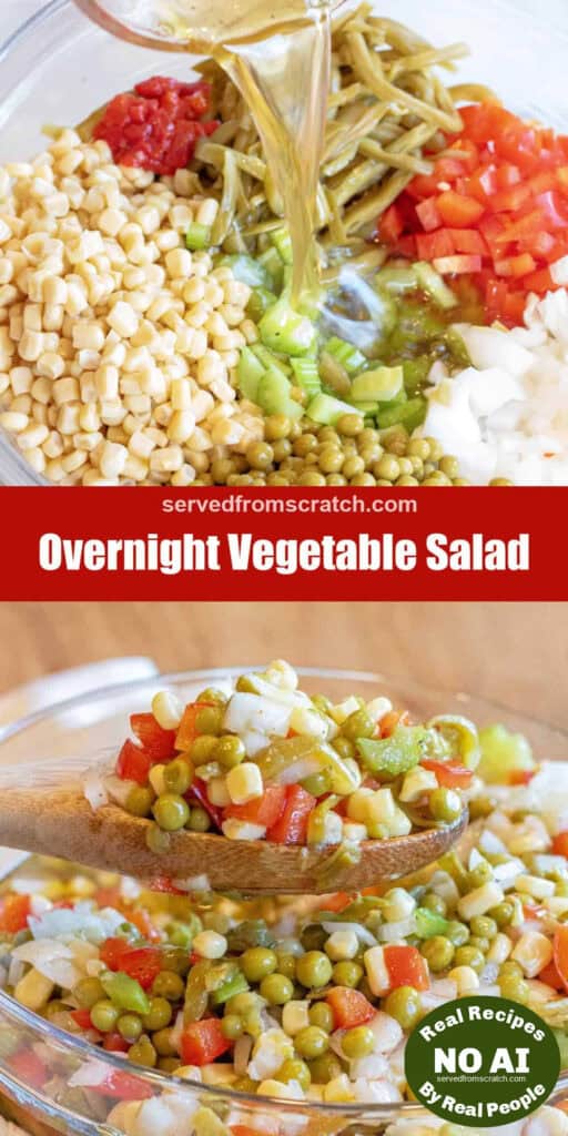 a bow of corn, peppers, onions, peas, celery with dressing being poured in, Pinterest pin text, and then a wooden spoon holding up some vegetable salad with corn, peas, red pepper, and onion with NO AI sticker.