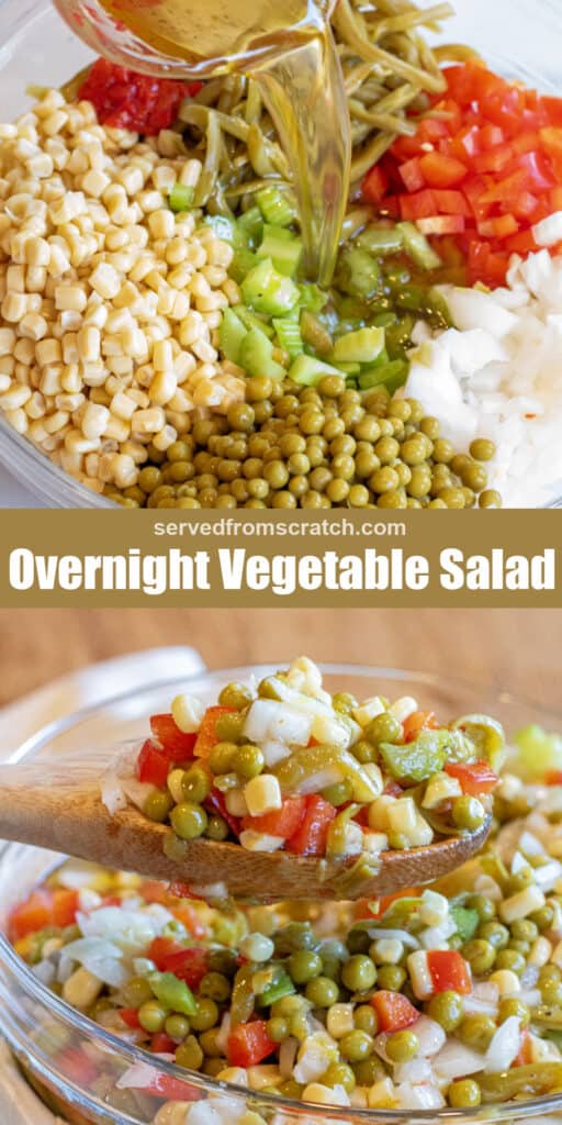 a bow of corn, peppers, onions, peas, celery with dressing being poured in, Pinterest pin text, and then a wooden spoon holding up some vegetable salad with corn, peas, red pepper, and onion.